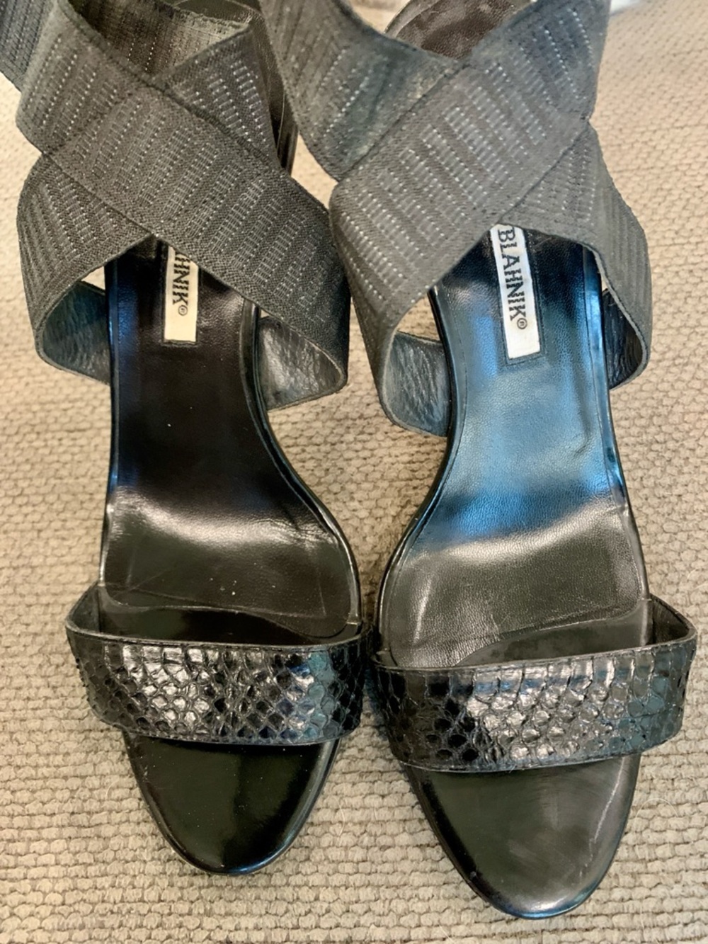 Vintage Manolo Blahnik Black Crisscross & Snakeskin Heel Sandals